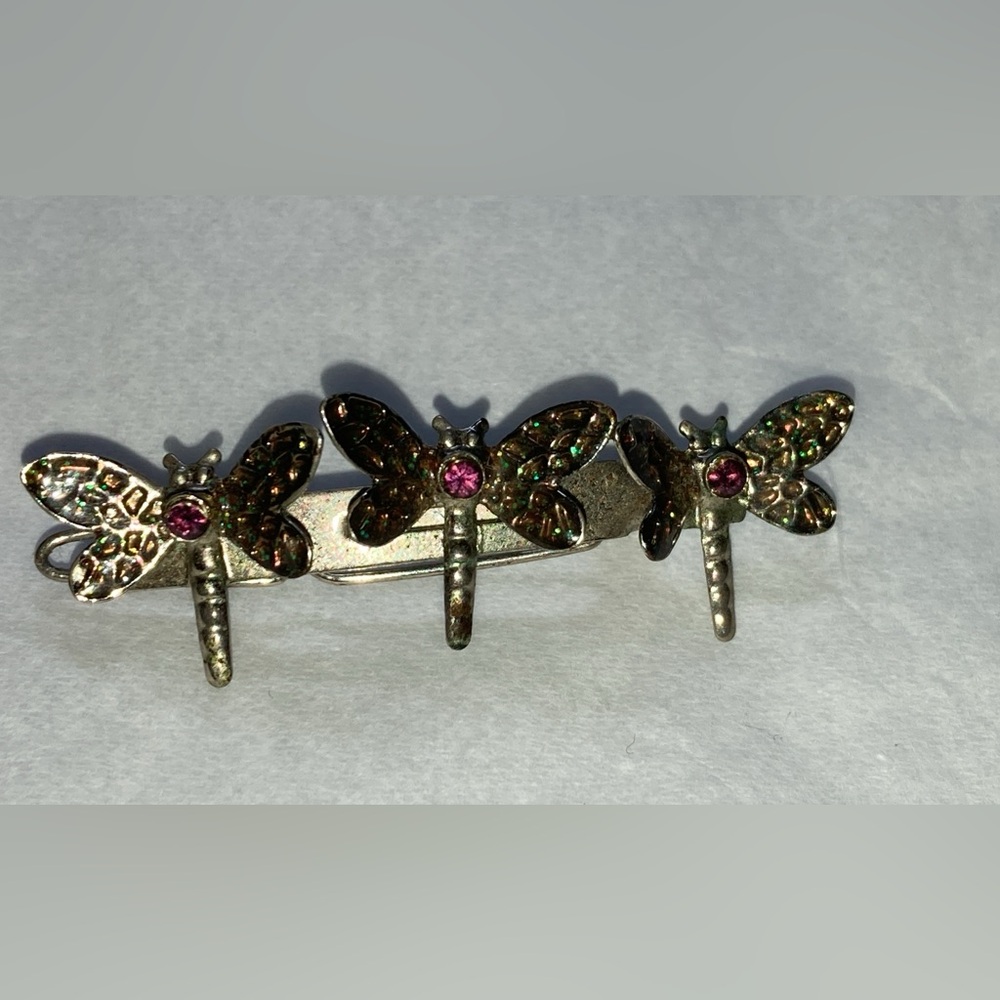 VINTAGE DRAGONFLY BARRETTE WITH WITH PURPLE RHINESTONES SILVER TONE